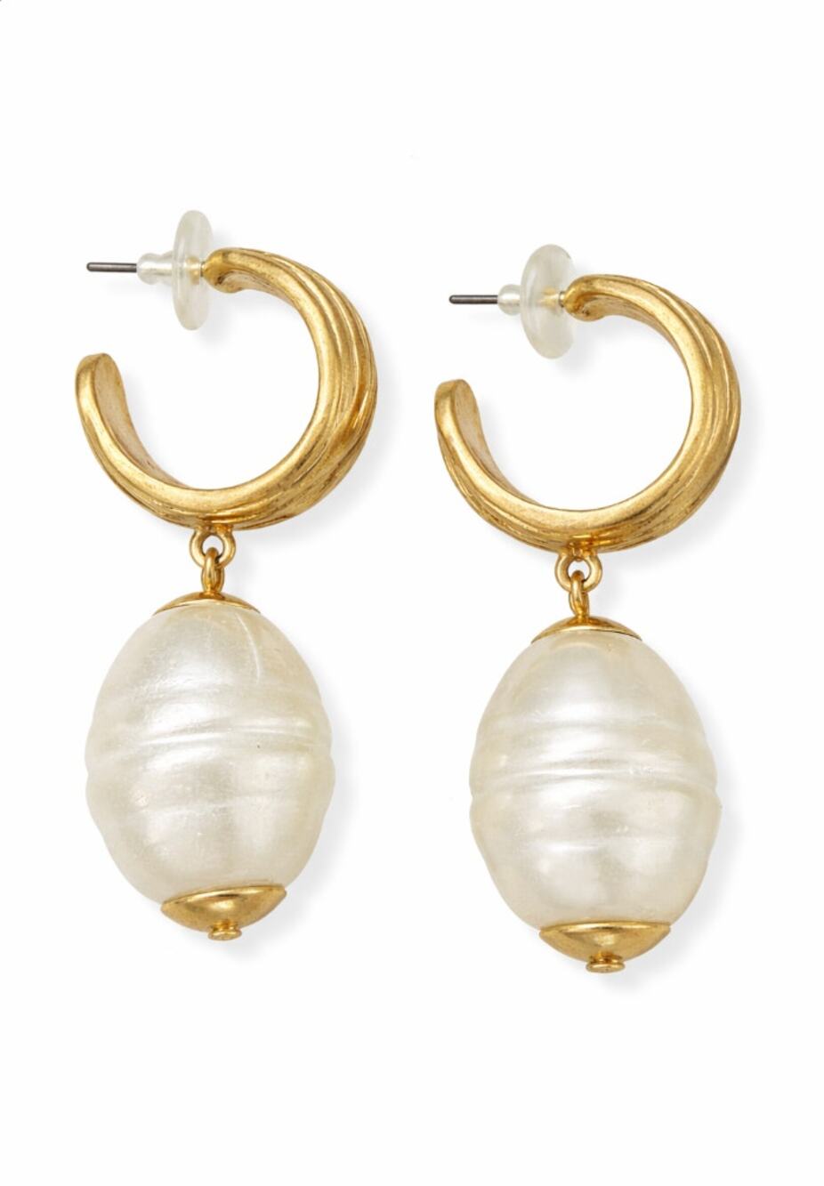 Chico’s Style Gold Tone Hoop Drop Earrings Faux Pearl Bead Boho Classic
